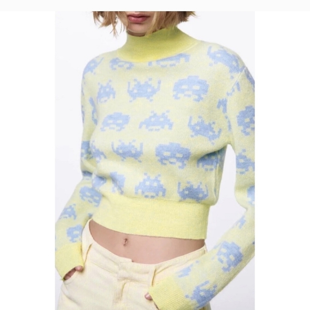 Zara Space Invaders Yellow and Blue Knit Sweater Size Small